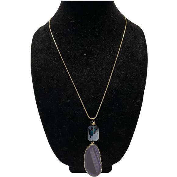 Gold Tone Purple Resin Agate Pendant Necklace 24” Boho Statement - Picture 1 of 7